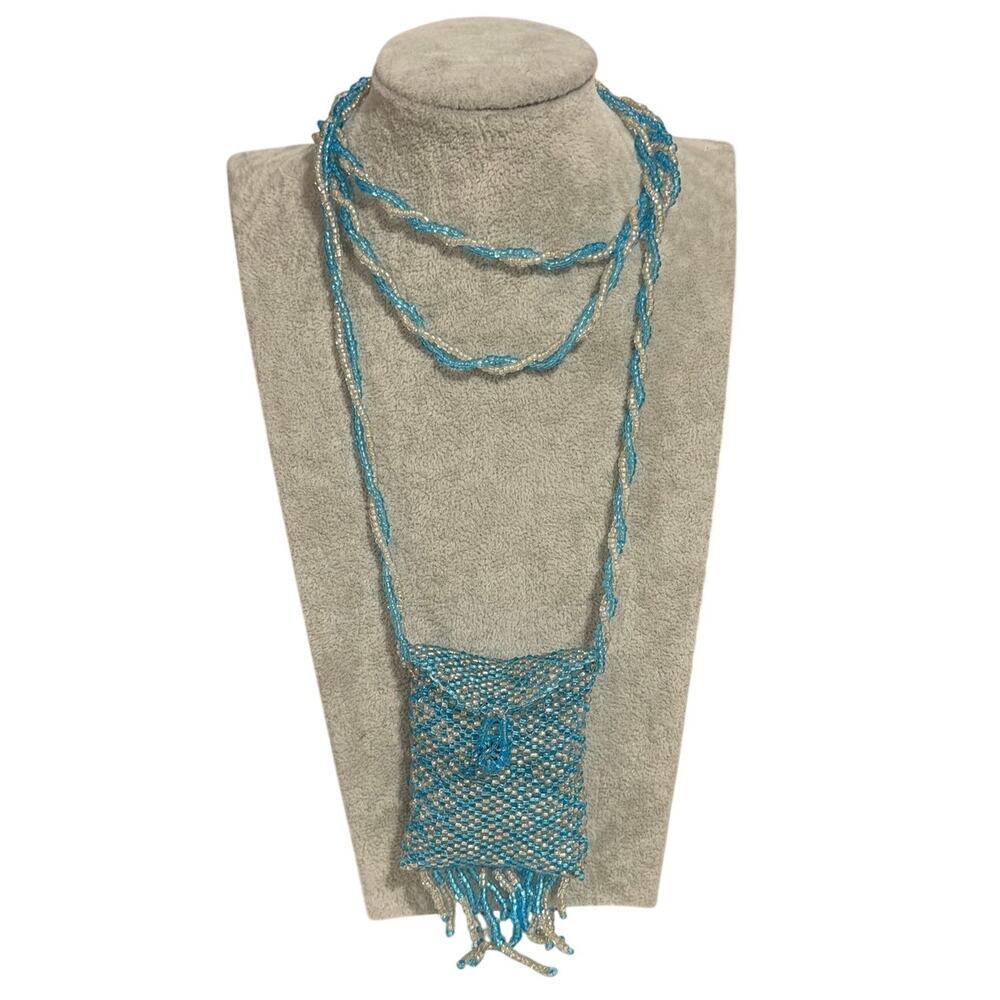 Vintage Beaded Medicine Bag Necklace Seed Bead Amulet Coin Pouch 36”
